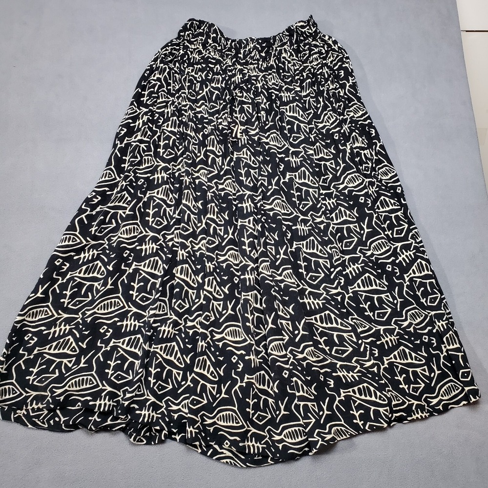 Orvis Skirt Womens Medium Black Fish Tribal Rayon Maxi Boho Peasant Paleo Anthro